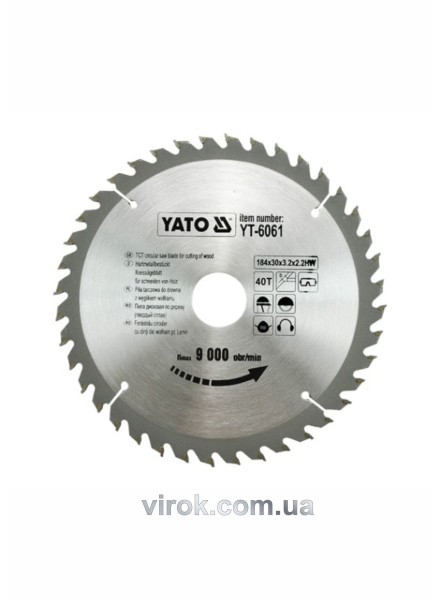 Диск пиляльний победітовий по дереву YATO: 184х30х3.2х2.2 мм, 40 зубців, R.P.M до 9000 1/хв [25/50]