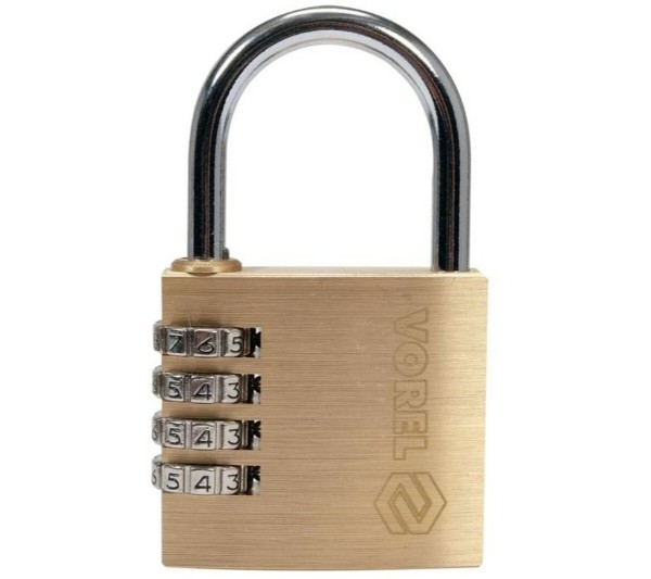 Замок навісний з кодовим замиканням VOREL: латунний корпус- 50х 13.9х46 мм, сталев дуга- 34х32х 6 мм