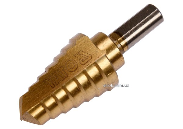 Свердло конічне ступінчасте титанове по металу YATO : Ø= 14-26 мм, HSS 4241, L= 70/40 мм [100]