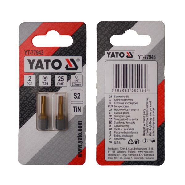 Насадка викруткова YATO TORX T20 х 25 мм. HEX 1/4", покрита титаном, 2 шт.