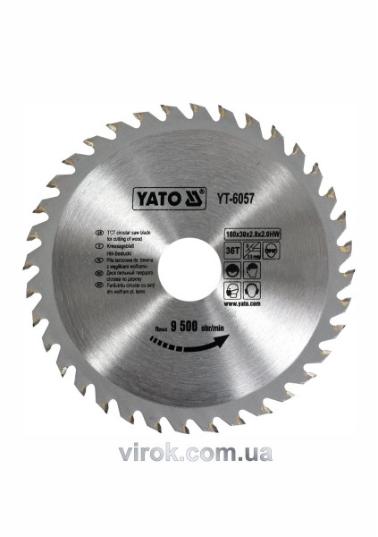 Диск пиляльний победітовий по дереву YATO: 160х30х2.8х2.0 мм, 36 зубців, R.P.M до 9500 1/хв [25/50]