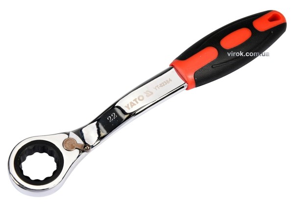 Ключ накидний, вигнутий з тріщаткою YATO: М22, HRC 42-48, Cr-V, з прогумованою ергономічною ручкою