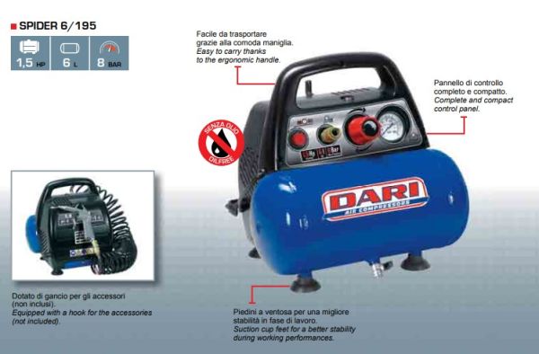 Компресор поршневий безоливовий Dari Spider 6/195 1,5HP/1,1kW 8 бар, ресивер 6 л, пр-сть 180 л/хв -