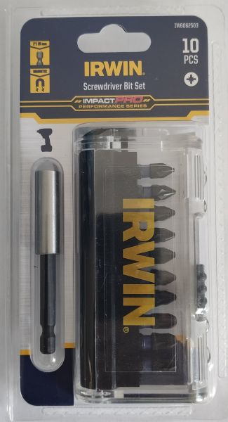 Біти IMPACT PRO 1/4"/25мм, комплект 10шт: PZ1x2 / PZ2x5 / PZ3x2 + тримач, IRWIN