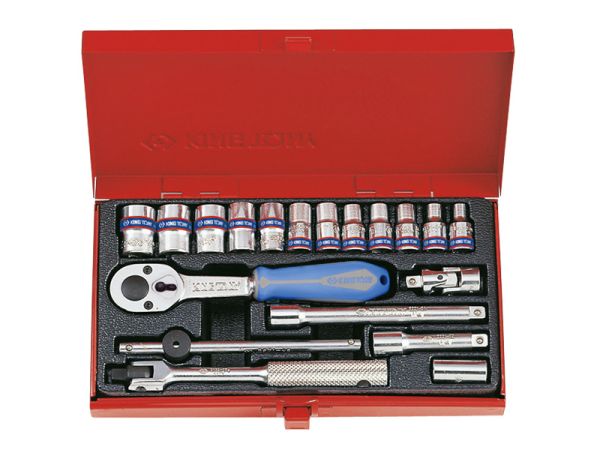 Набір головок 1/4" 19 одиниць 12-гран. з трищіткою, карданом, воротком, подовжувачем