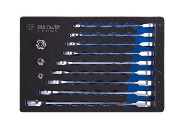 Набір ключів ріжково-накидних з трищіткою 12 одиниць 10-19 мм та перехідники на 1/4", 3/8", 1/2"