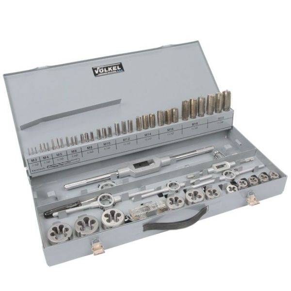 Набір мітчиків комплектних та плашок М3-М20, 54 предмети, металевий кейс HSS-G VOLKEL 49201
