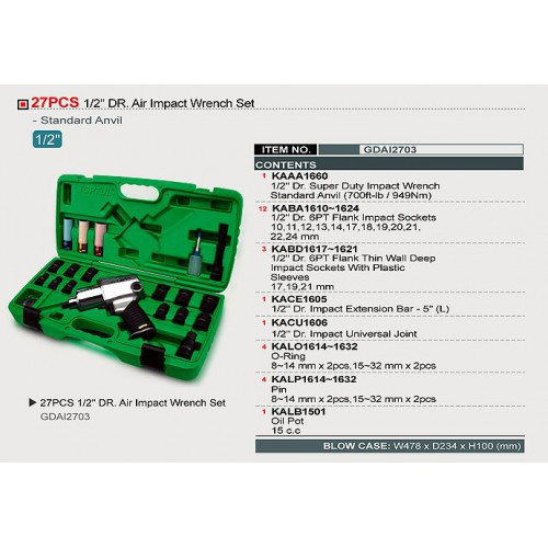 Гайковерт пневматичний з набором головок TOPTUL 1/2" 27ед. GDAI2703