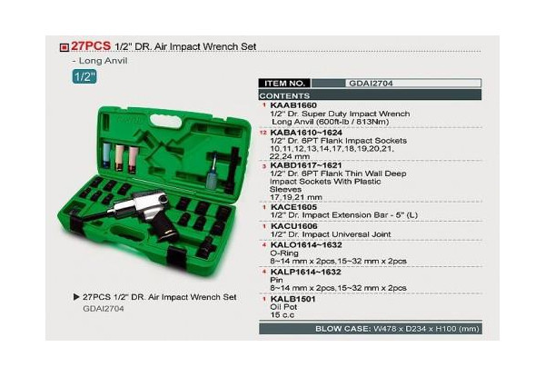 Пневматичний гайковерт з головками TOPTUL 1/2" 27ед. GDAI2704