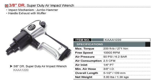 Пневмогайковерт для шиномонтажу TOPTUL 3/8" 271N/m 10000 об/хв KAAA1220
