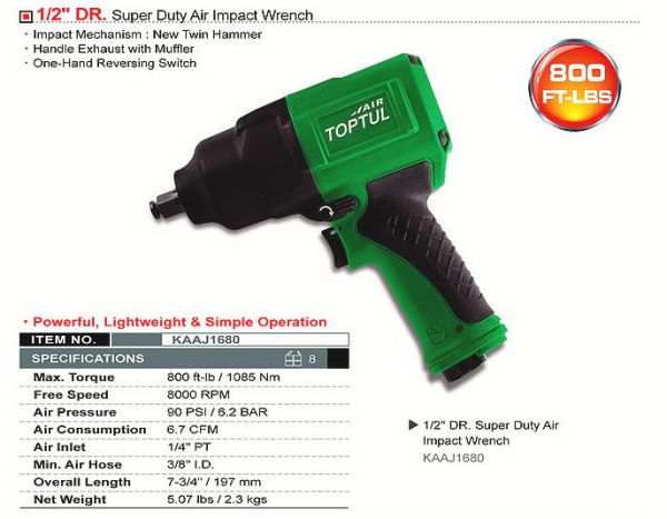 Пневмогайковерт професійний TOPTUL 1/2" 1085N/m 8000об/хв KAAJ1680