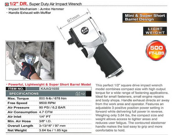 Гайковерт для шиномонтажу пневматичний TOPTUL 1/2" 678 Nm 9500об/хв супер-короткий KAAQ1650