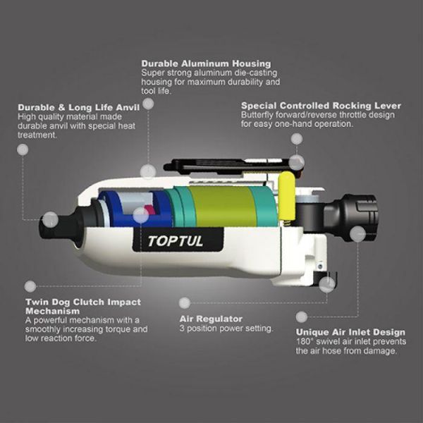 Пневмогайковерт професійний TOPTUL 3/8" 108N/m 12000об/хв Mini Butterfly Type KAAU1208