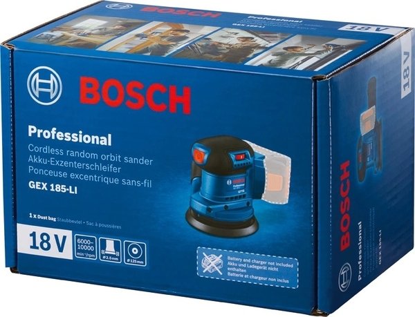 Шліфмашина ексцентрикова акумуляторна Bosch GEX 185-LI, 18В, без АКБ та ЗП (0.601.3A5.020)