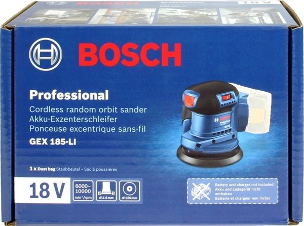 Шліфмашина ексцентрикова акумуляторна Bosch GEX 185-LI, 18В, без АКБ та ЗП (0.601.3A5.020)