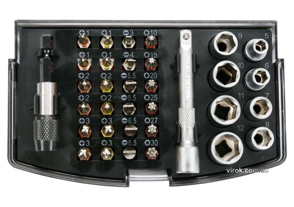 Набір насадок викруткових 1/4" і торц. головок з квадр.- 1/4" YATO з тримачем і подовж, 34 шт. [20]