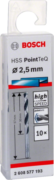 Свердло для металу Bosch HSS-PointTeQ, 2.5х30х57мм, 10 шт (2.608.577.193)