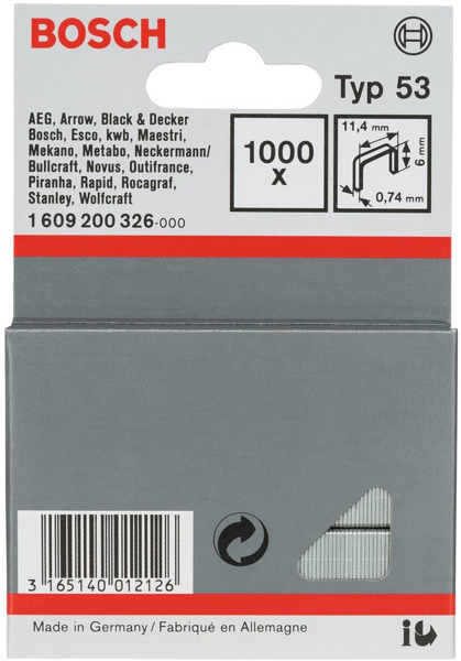 Скоби металеві Bosch тип 53, 6х11.4х0.74мм, 1000шт (1.609.200.326)