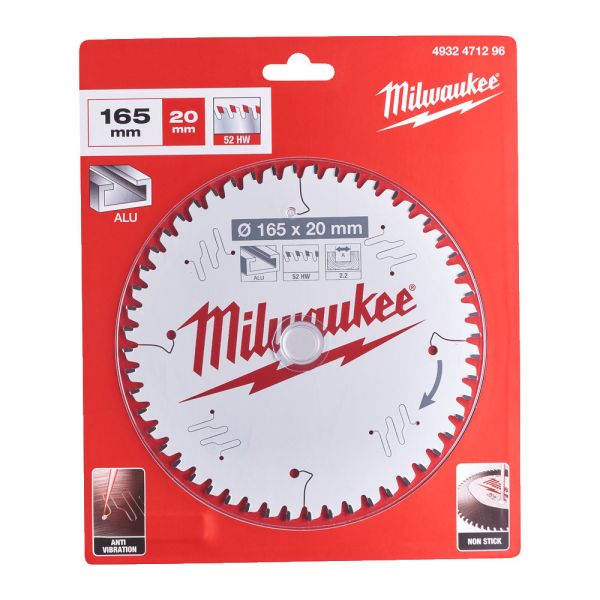 Диск пиляльний Alu PFTE MILWAUKEE, діам.165х20х2,2мм, 52 зуб.