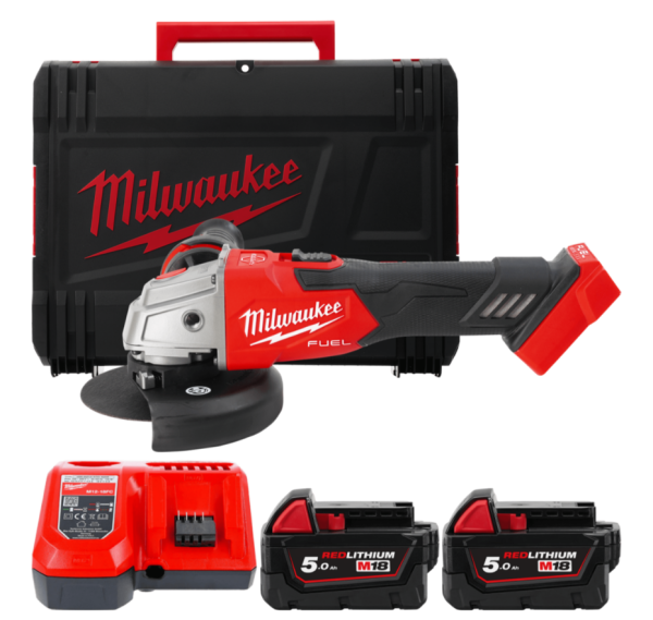 Шліфмашина кутова акумуляторна MILWAUKEE, M18 FSAG125XB-502X, діаметр 125мм (+2 акумулятори, зарядний пристрій, захисний кожух,