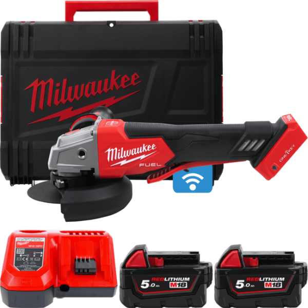 Шліфмашина кутова акумуляторна MILWAUKEE, M18 ONEFSAG125XPDB-502X, Ø125мм (+зар.пр.,2ак.Х 5Аг,HDкейс)