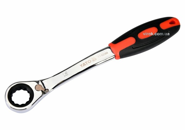 Ключ накидний, вигнутий з тріщаткою YATO: М18, HRC 42-48, Cr-V, з прогумованою ергономічною ручкою
