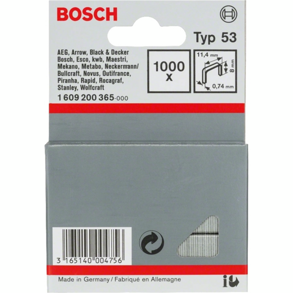 Скоби металеві Bosch тип 53, 8х11.4х0.74мм, 1000шт (1.609.200.365)