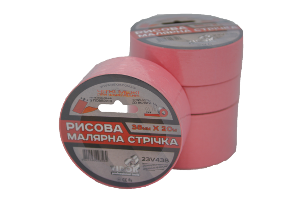 Малярна стрічка рисова VIROK 38мм х 20 м. (Гідростійка/ ідеальний край для фарбування). рожева [63]
