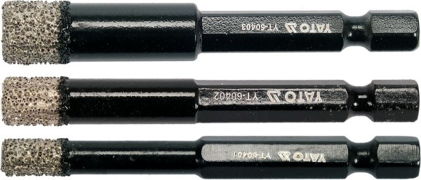 Свердла з алмазним пругом YATO, 3 шт. Ø= 6-8-10 мм, l= 65/10 мм, з 6-гран. шпинделем- 1/4