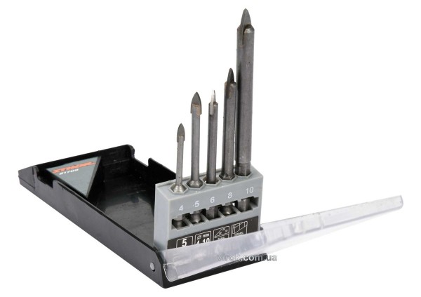 Набір свердл по склу і кераміці STHOR : Ø= 4, 5, 6, 8, 10 мм, YG6X, HEX-1/4