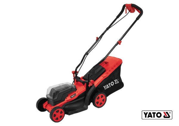 Газонокосарка на 4-х колесах акумул. YATO: 2хLi-Ion 18В,обрізн діап.Ø=34см,ємн-35л (БЕЗ АКУМУЛЯТОРА)