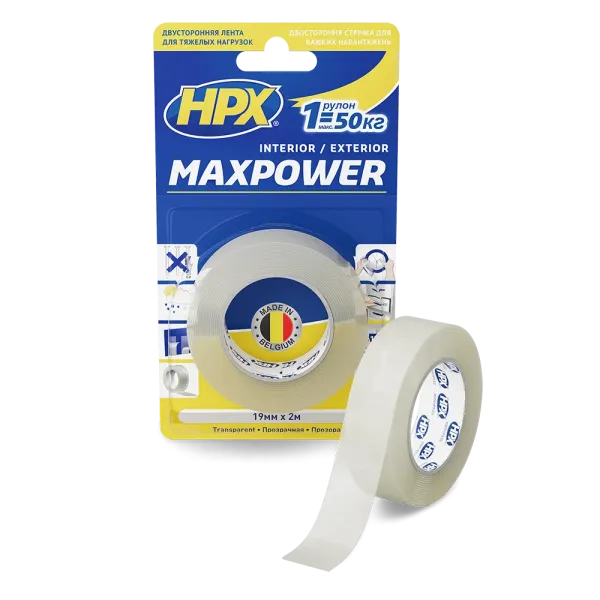 MAXPOWER - 19мм x 2м - прозора двостороння стрічка HPX  для важких навантажень