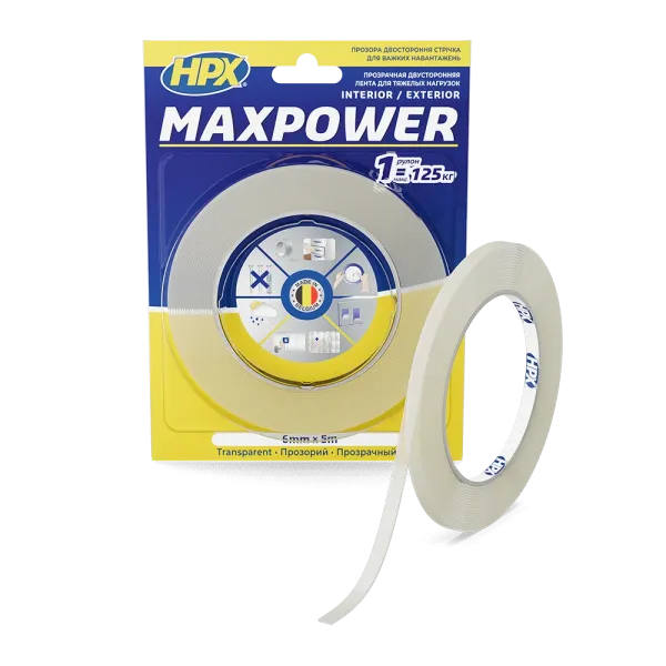 MAXPOWER - 6мм x 5м - прозора двостороння стрічка HPX  для важких навантажень