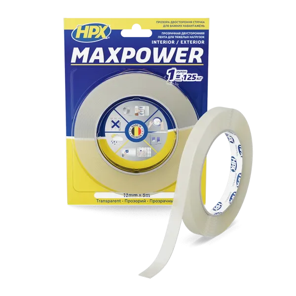 MAXPOWER - 12мм x 5м - прозора двостороння стрічка HPX  для важких навантажень