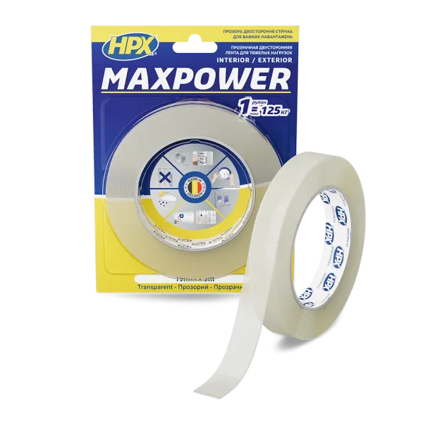 MAXPOWER - 19мм x 5м - прозора двостороння стрічка HPX  для важких навантажень