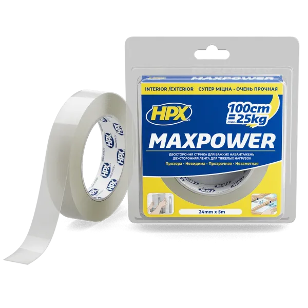 MAXPOWER - 25мм х 5м - прозора двостороння стрічка для важких навантажень