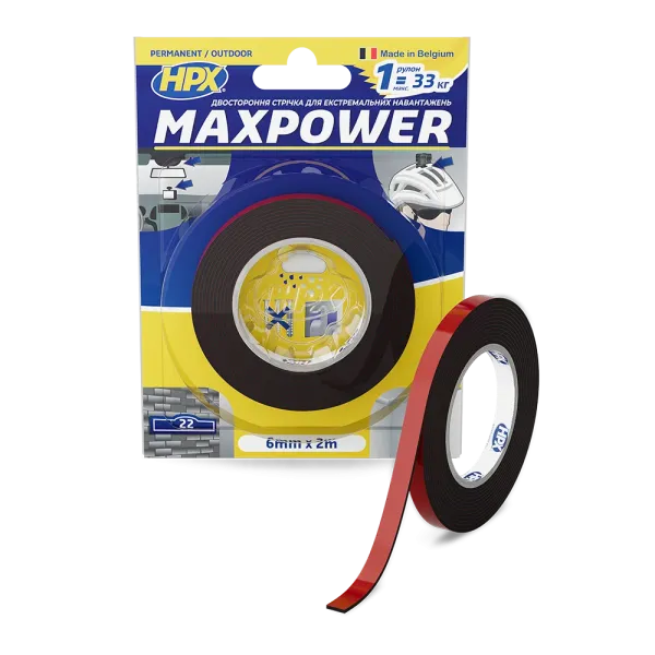 MAXPOWER OUTDOOR - 6мм х 2м - чорна двостороння стрічка HPX  для екстремальних навантажень