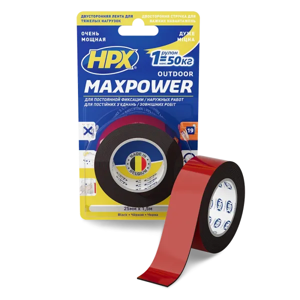 MAXPOWER OUTDOOR - 25мм х 1,5 м - чорна двостороння стрічка HPX  для екстремальних навантажень