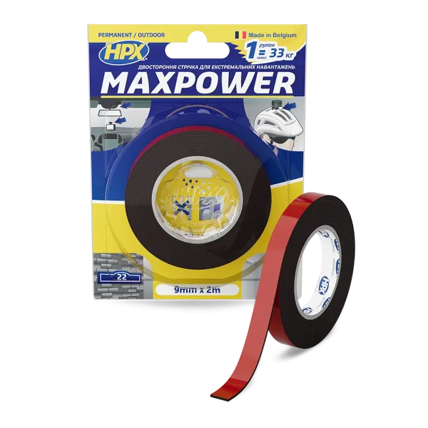 MAXPOWER OUTDOOR - 9мм х 2м - чорна двостороння стрічка HPX  для екстремальних навантажень
