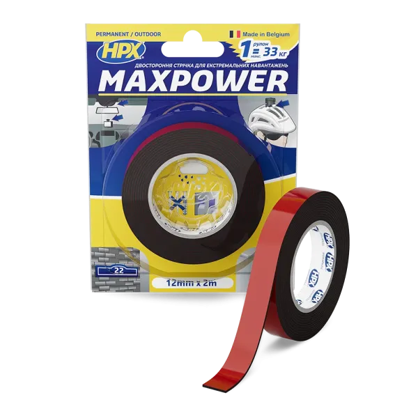 MAXPOWER OUTDOOR - 12мм х 2м - чорна двостороння стрічка HPX  для екстремальних навантажень