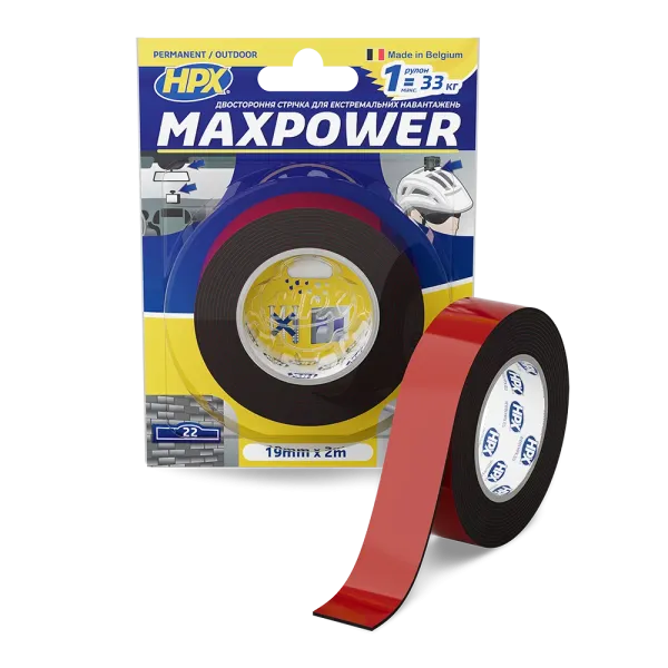 MAXPOWER OUTDOOR - 19мм х 2м - чорна двостороння стрічка HPX  для екстремальних навантажень