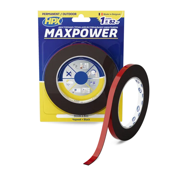 MAXPOWER OUTDOOR - 9мм х 5м - чорна двостороння стрічка HPX  для екстремальних навантажень