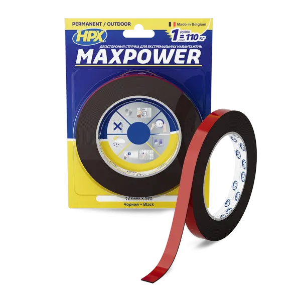 MAXPOWER OUTDOOR - 12мм х 5м - чорна двостороння стрічка HPX  для екстремальних навантажень