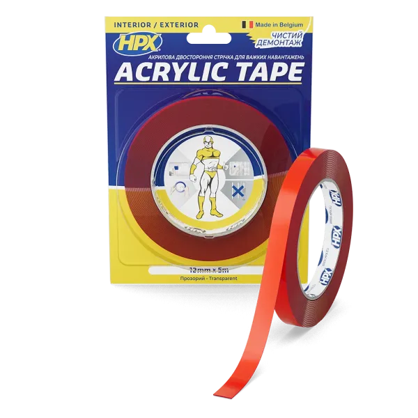 ACRYLIC TAPE - 12мм x 5м, акрилова прозора двостороння стрічка HPX (силіконовий скотч)