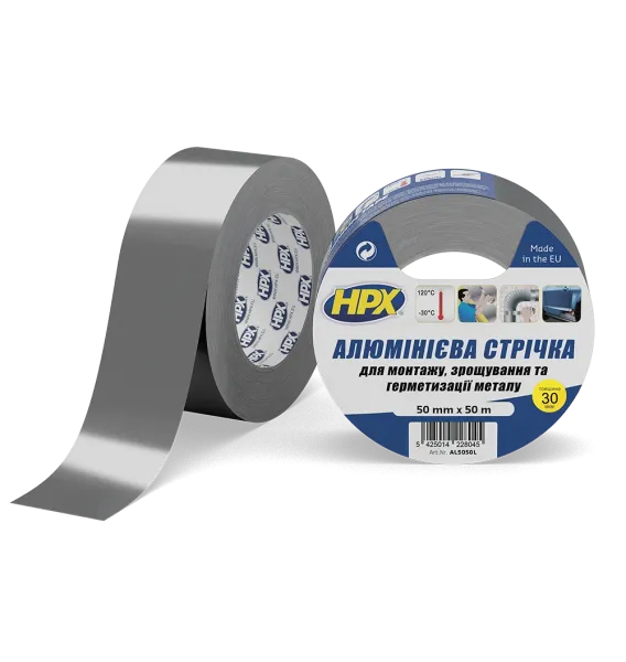 HPX AL 120°С 30мкм - 50мм x 50м - високотемпературна алюмінієва клейка стрічка (алюмінієвий скотч)