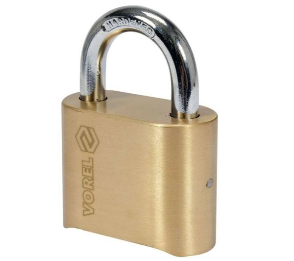 Замок навісний з кодовим замиканням VOREL: латунний корпус- 50х 40 х25 мм, сталева дуга- 23х25х 8 мм