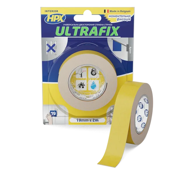 ULTRAFIX - 19мм х 2м - моментальна фіксація, двостороння клейка стрічка