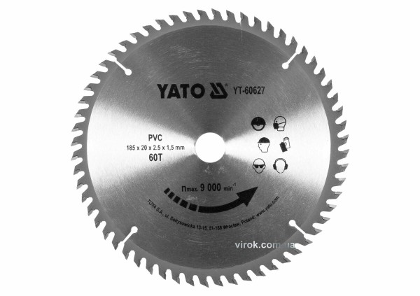 Диск пиляльний по ПВХ YATO: Ø=185х2.5x20 мм, 60 зубців, R.P.M до 9000 1/хв [25/50]
