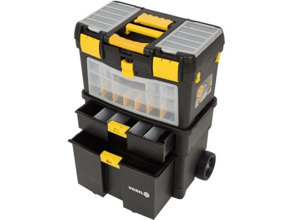 Ящик для інструментів на 2 колесах з ручкою пластиковий VOREL: 3 секції, 46х22х62/84 см, знімн орга