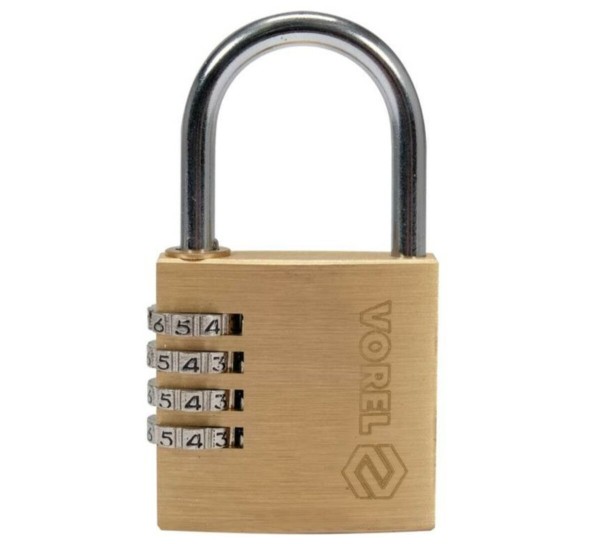Замок навісний з кодовим замиканням VOREL: латунний корпус- 40х 11,8х39,5 мм, стал дуга- 30х25х 5 мм